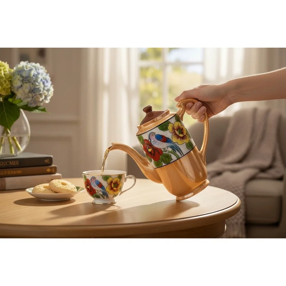 Vintage Japanese Lusterware Teapot Peach Hand Painted Parrot‎ Floral Made Japan